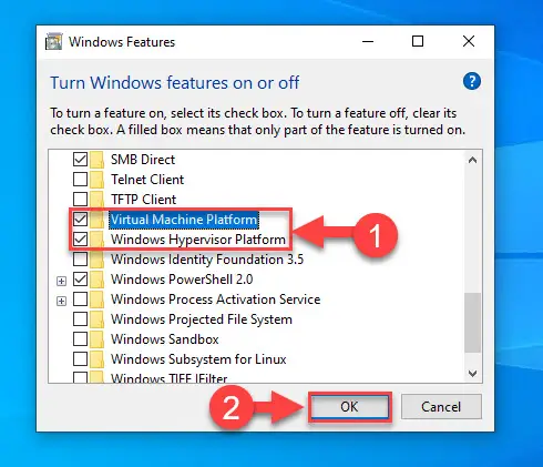 Enable virtualization optional features in Windows 10
