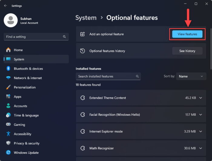 View the optional features