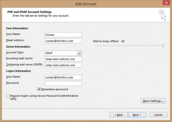 Outlook 2013 account settings