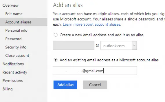 add alias in outlook