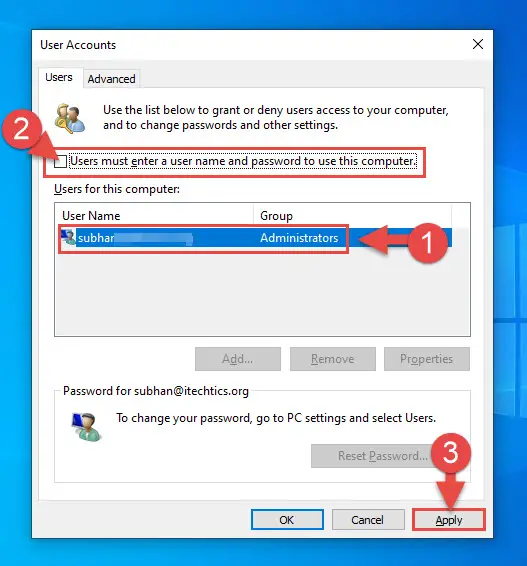 How To Login Without Password in Windows 4 uncheck box