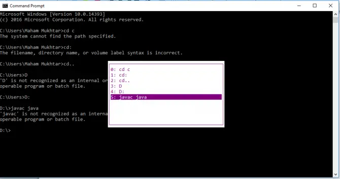 View command prompt history using F7 key