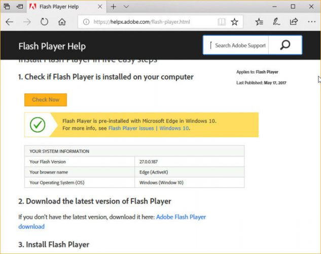 Check Flash Player Version in Microsoft Edge browser