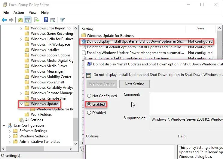 Disable or Bypass Pending Updates on Restart/Shutdown In Windows 10 2 disable update and shut down option in group policy