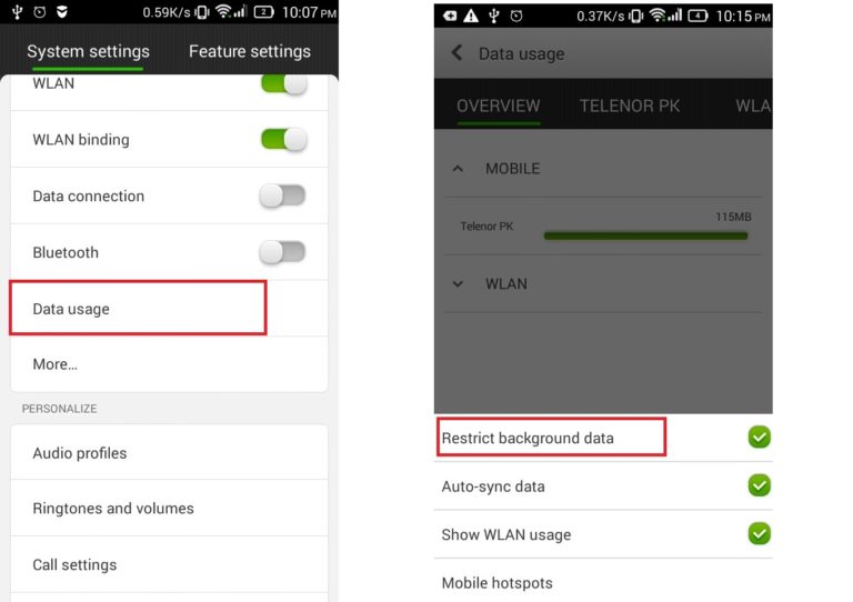 Restrict background to reduce data usage in Android