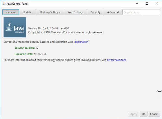 Java 10 Control Panel