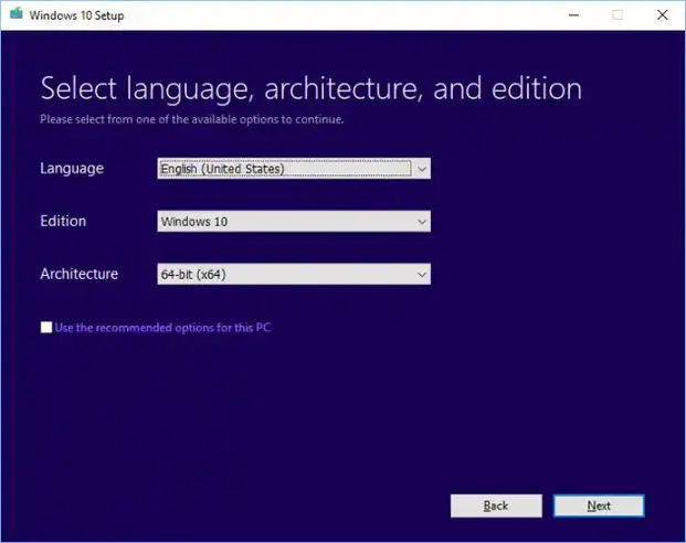 Select language architecture and edition Windows 10 Setup