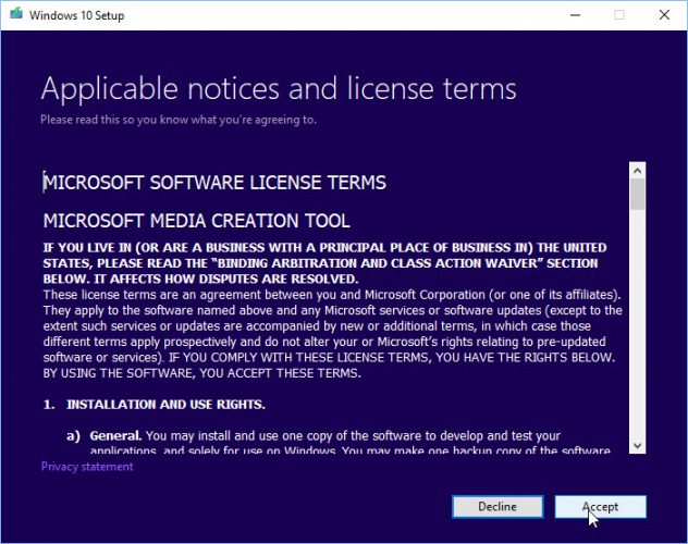 Windows 10 Media Creation Tool license agreement