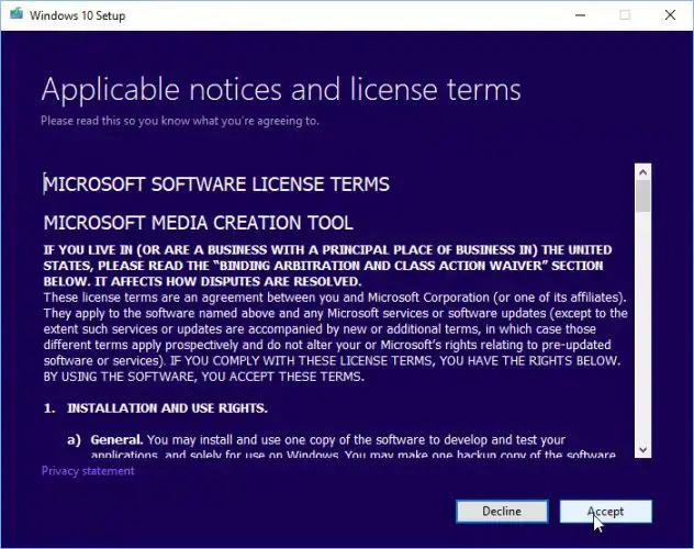 Windows 10 Media Creation Tool license agreement