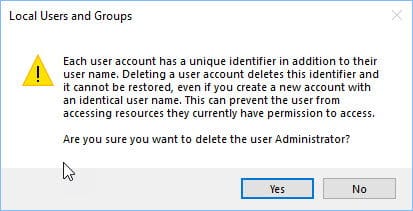 Deleting the administrator user in Windows 10