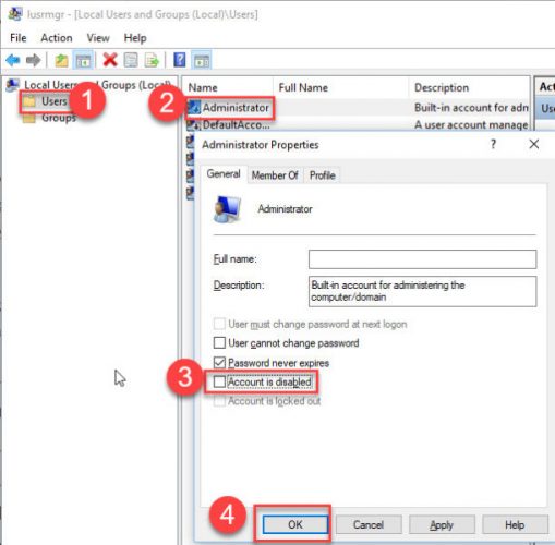 Enable administrator account in Windows 10