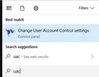 Finding UAC from Start Menu search