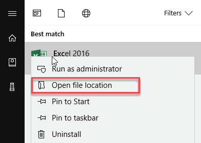 Open file location from start menu
