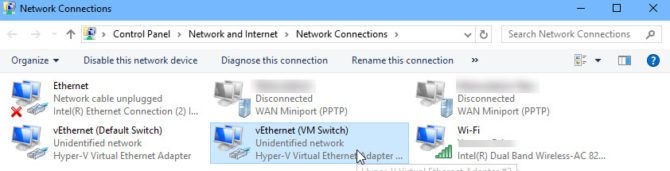 Network Connections showing the new Virtual network switch from Hyper V