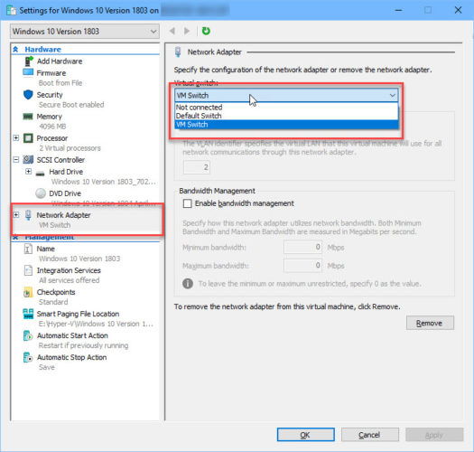 Select Network Adapter in Hyper V Settings