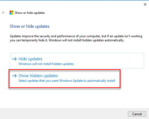 Show hidden updates selection window Show hidden updates selection window