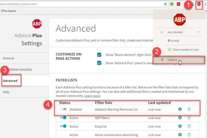 Enable Adblock Warning Removal List in Chrome