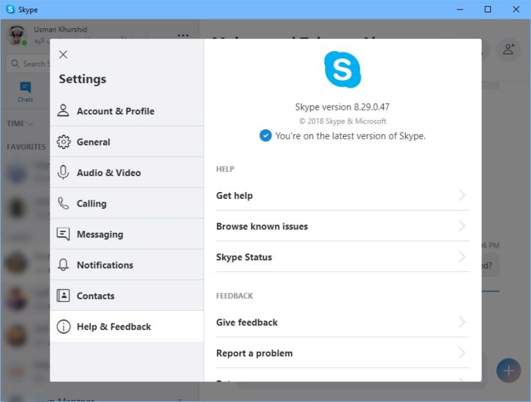 Skype 8 29 Help and Feedback window
