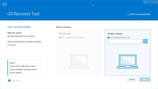 Dell OS Recovery Tool main