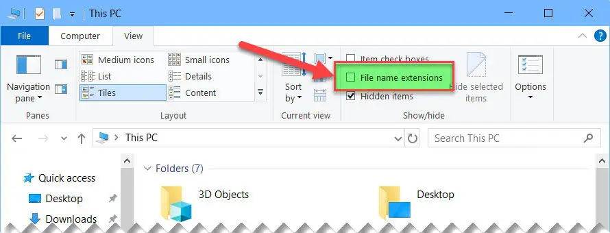 5 Ways To Show/Hide File Extensions In Windows 10 File name extensions in file explorer ribbon