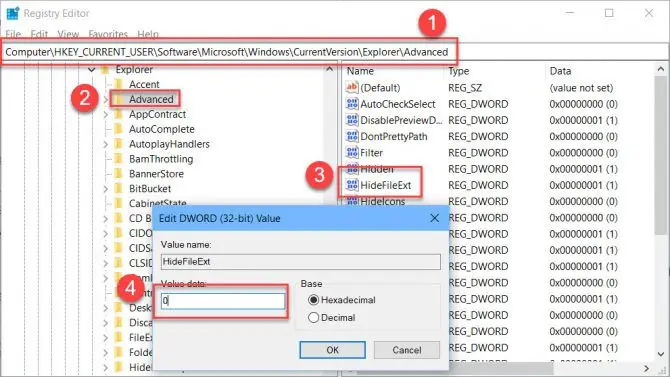 Show file extensions in Windows using Registry