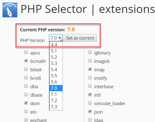 PHP version selector