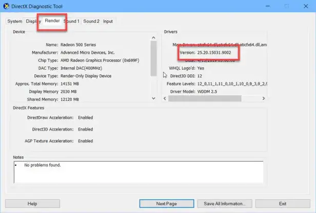 DirectX diagnostics Radeon graphics card driver version