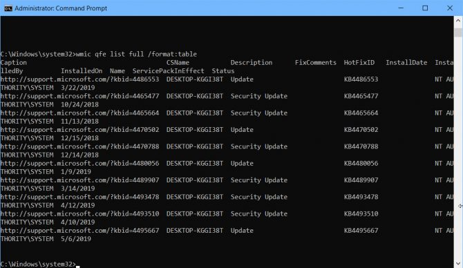 WMIC command to list installed Windows updates