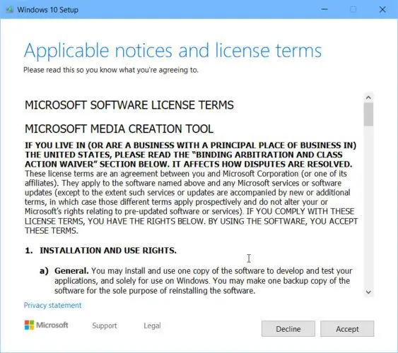 Windows 10 Setup terms of use