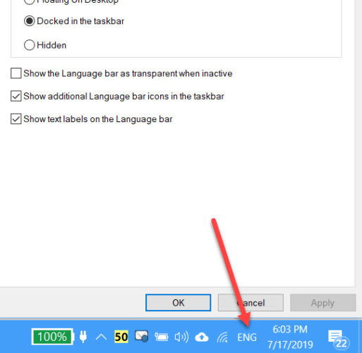 language bar in system tray