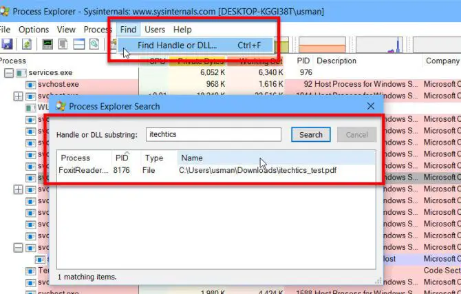 Finding file handle in Process Explorer