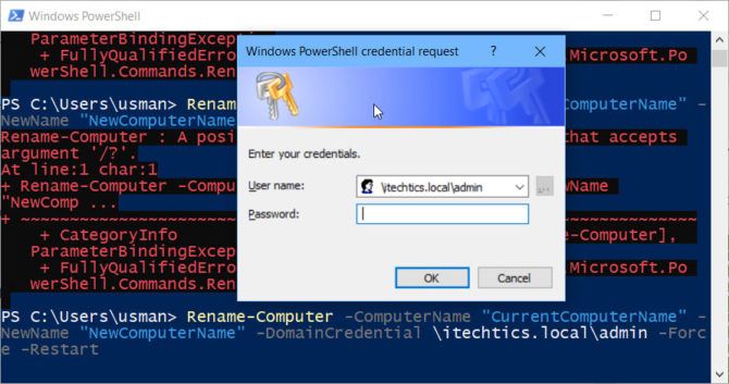 Rename remote computer PowerShell credential request