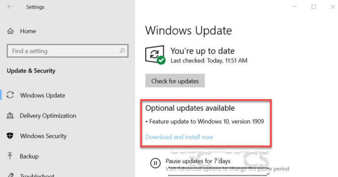 Feature Update to Windows 10 Version 1909 available