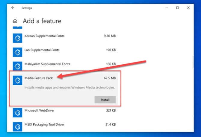 Install Media Feature Pack in Windows 10