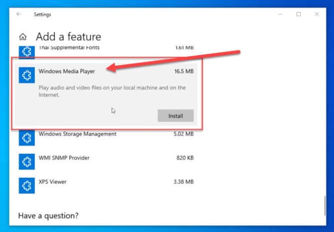 Install Windows Media Player from optional features in Windows 10