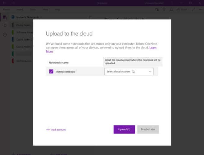 OneNote backup restore upload to the cloud