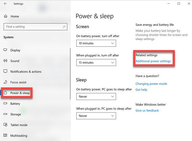 Power and sleep additional power settings