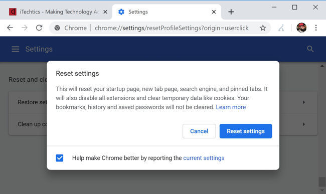 Reset settings in Chrome