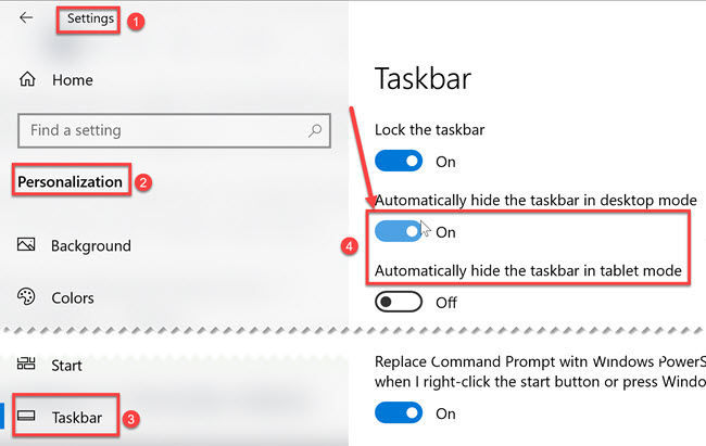 Autohide taskbar in Windows Settings