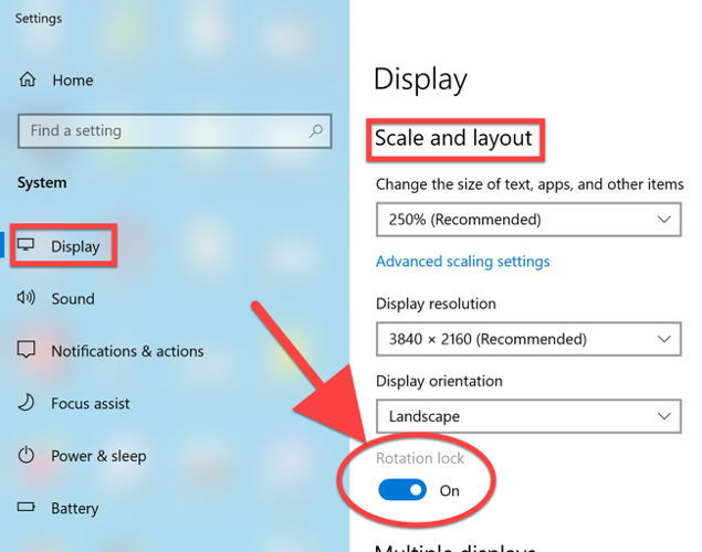 Rotation lock in Windows 10 display settings