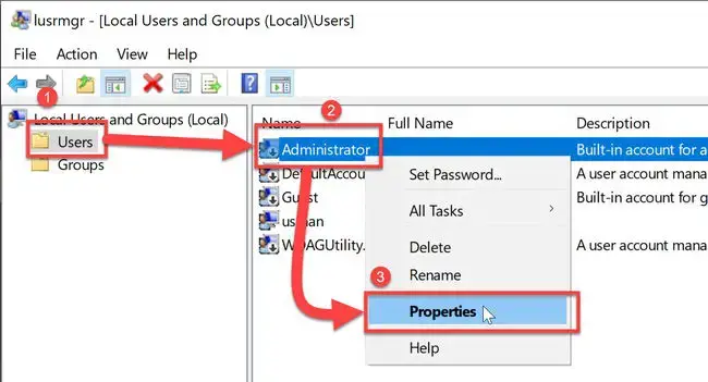 Administrator user in local users and groups Windows 10
