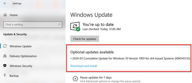 Optional updates available in Windows Update (KB4541335)