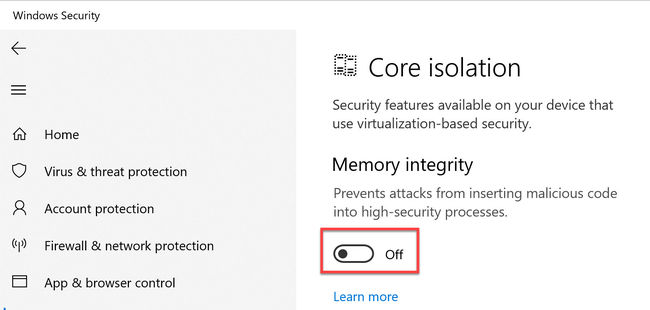 Turn off Memory integrity