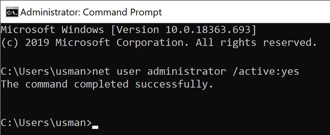 net user administrator enable command