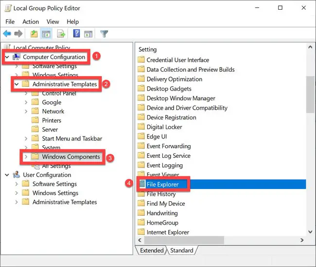 File Explorer settings in Group Policy Editor