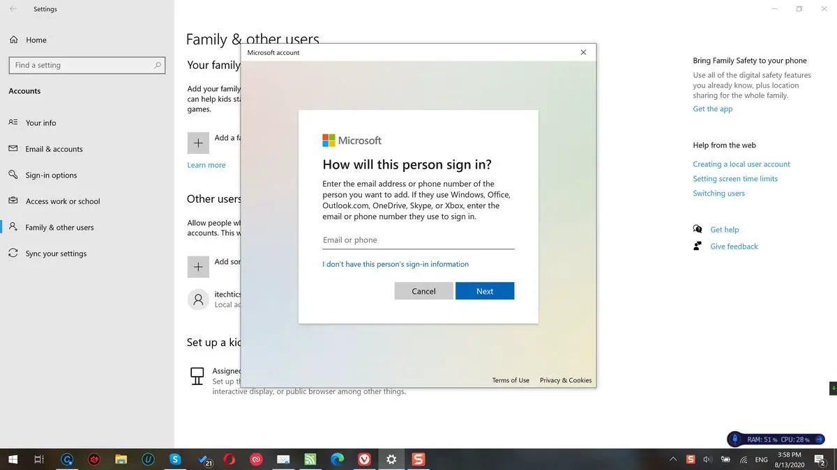 how to add a user account windows 10