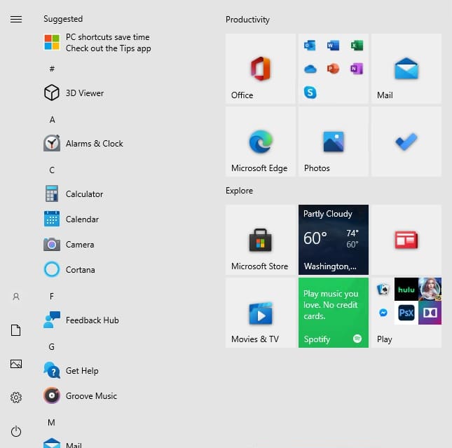 start menu