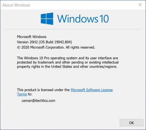 Download KB4601319 Cumulative Update For Windows 10 20H2, 2004 And 21H1 4 Winver showing Windows 10 Build 19042 804