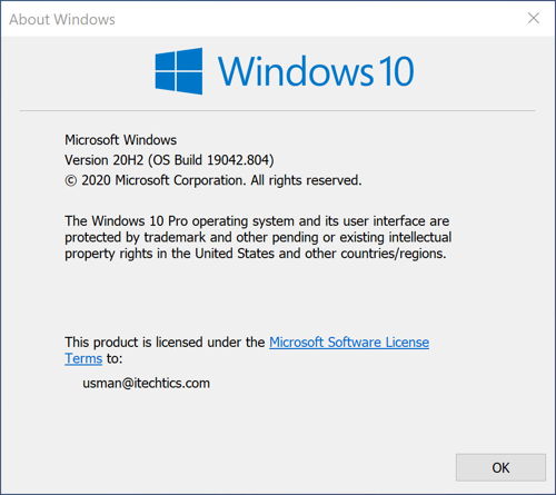 Winver showing Windows 10 Build 19042 804