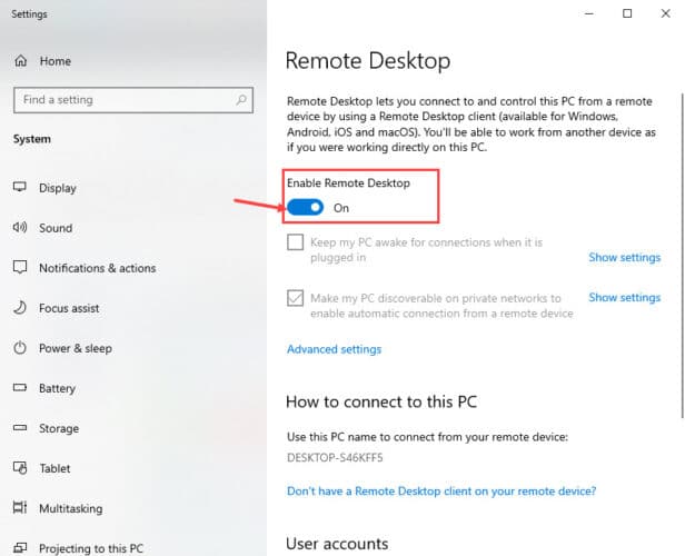 allow remote access Settings